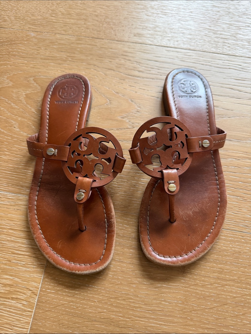Tory Burch Cognac Leather Logo Thong Sandals